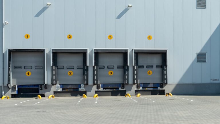 Loading docks with shutter doors at a warehouse