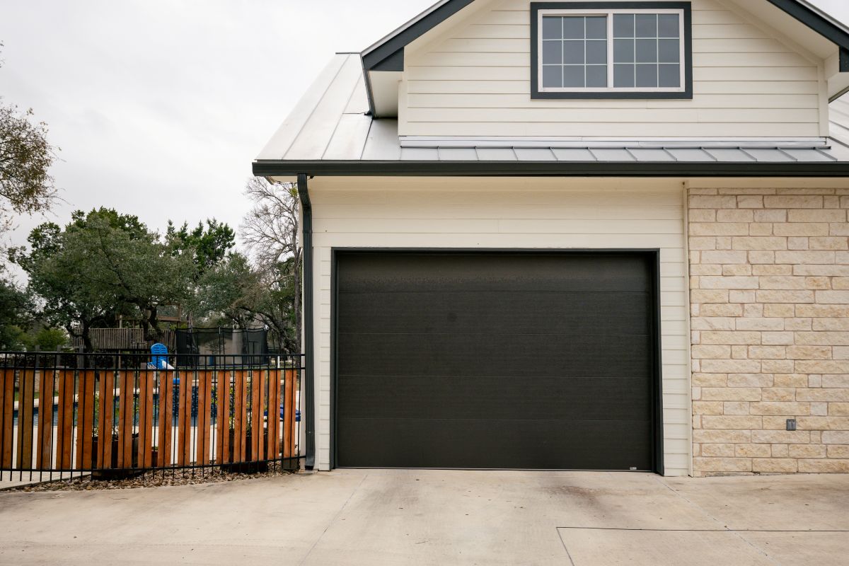 A dark garage door